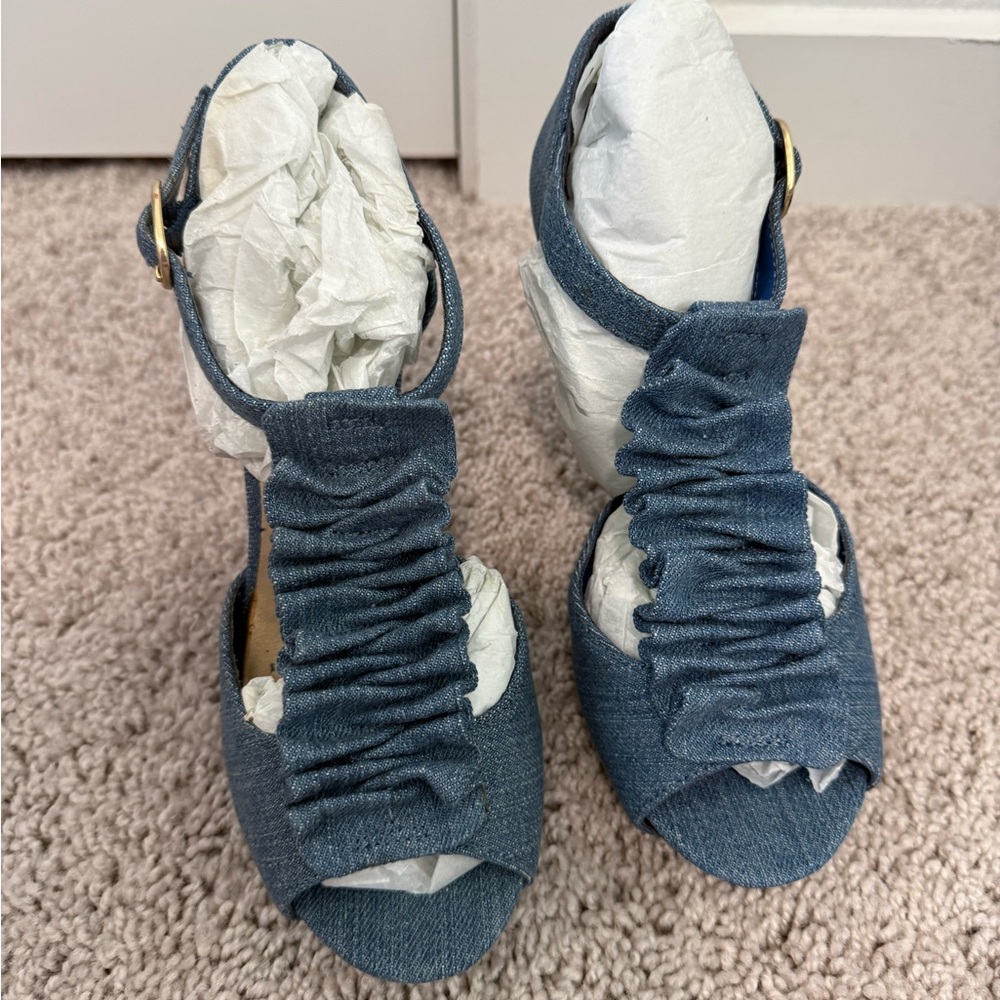 Madden Girl Denim Ruched Peep-Toe Sandals - Blue